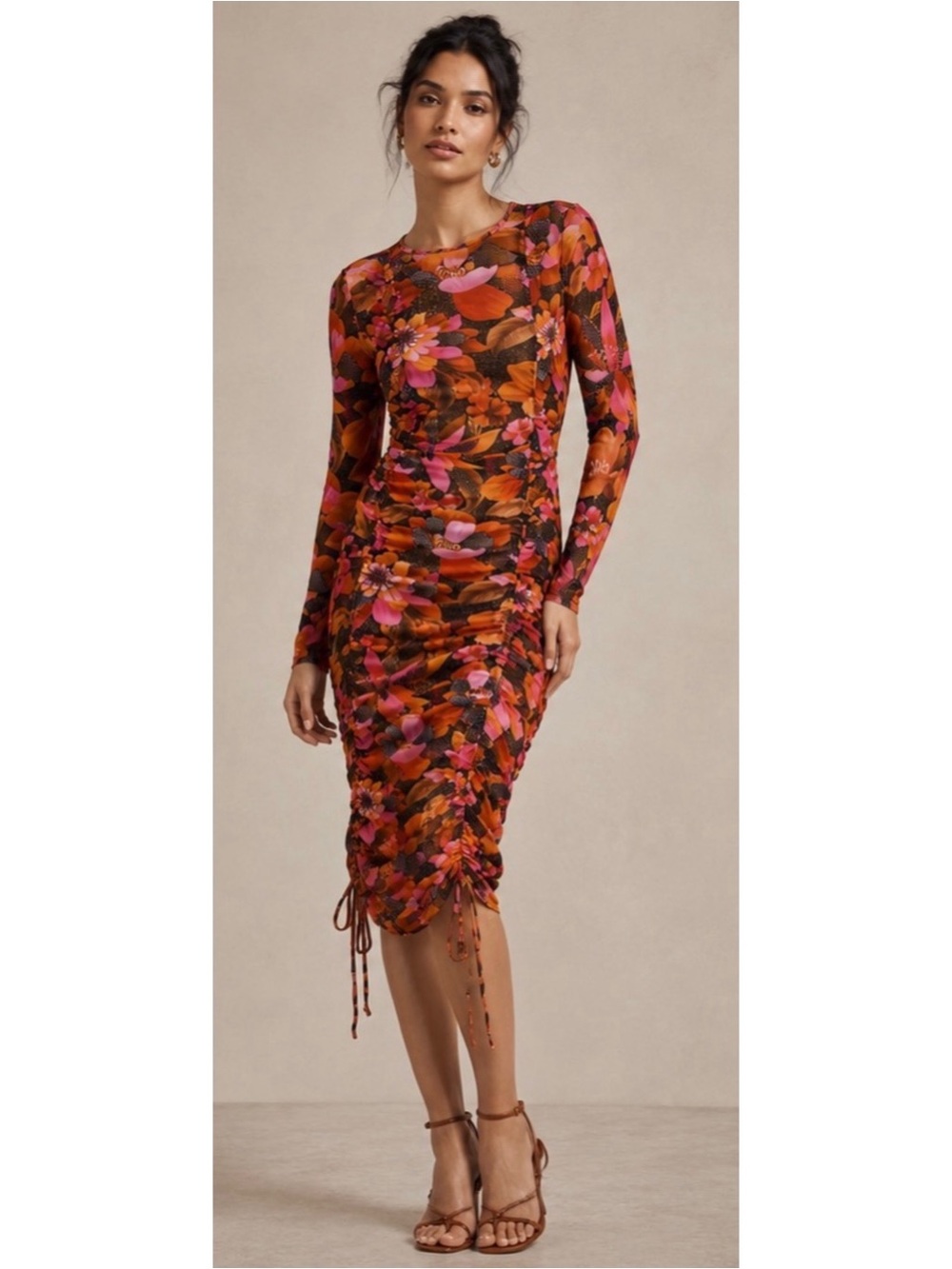 Farm Rio x Anthropologie Long Sleeve Ruched Midi Dress Size S Floral Print NWT
